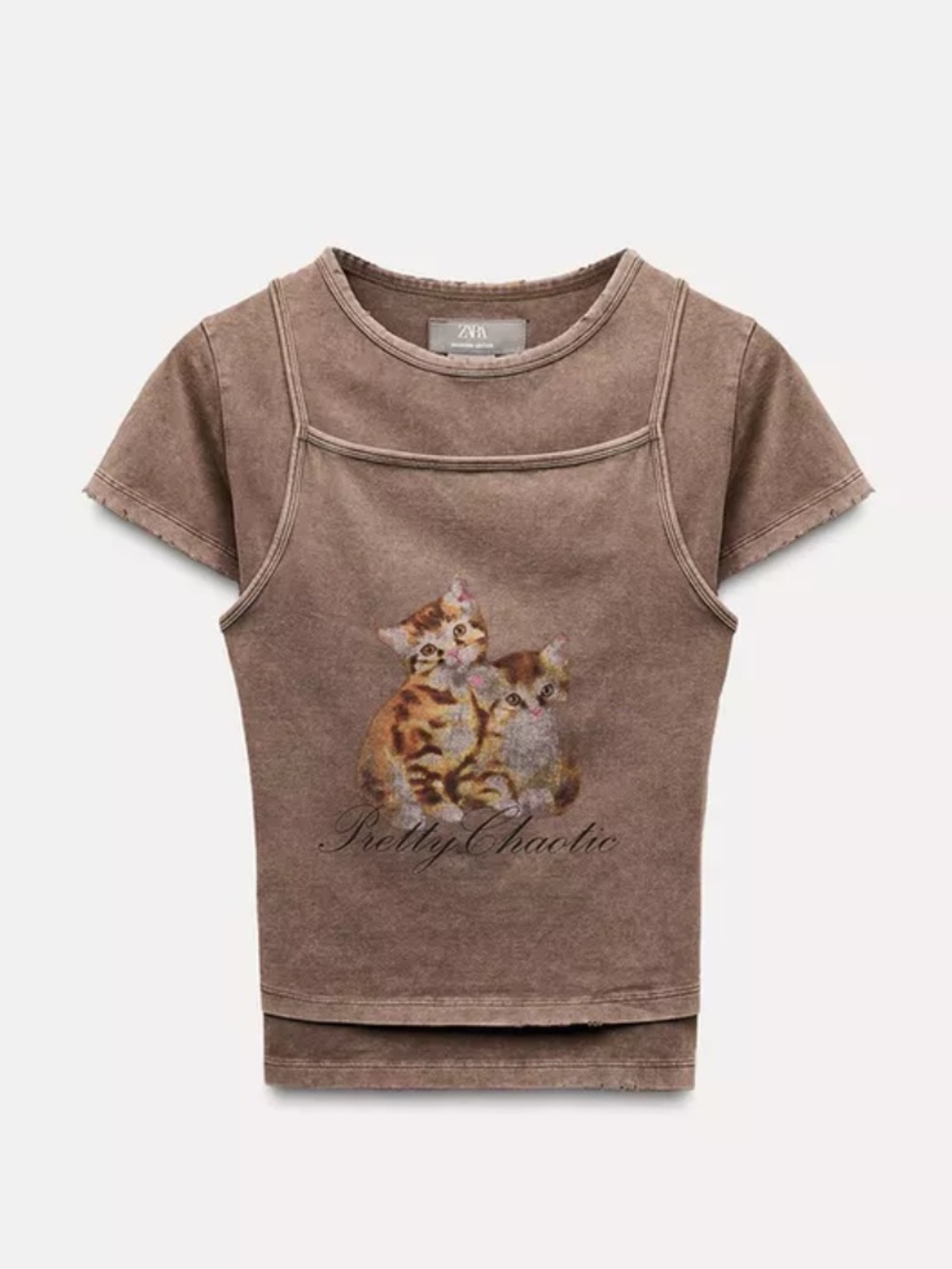 New ZARA Shanghai Edition Brown Graphic Kitten Short Sleeve Tee